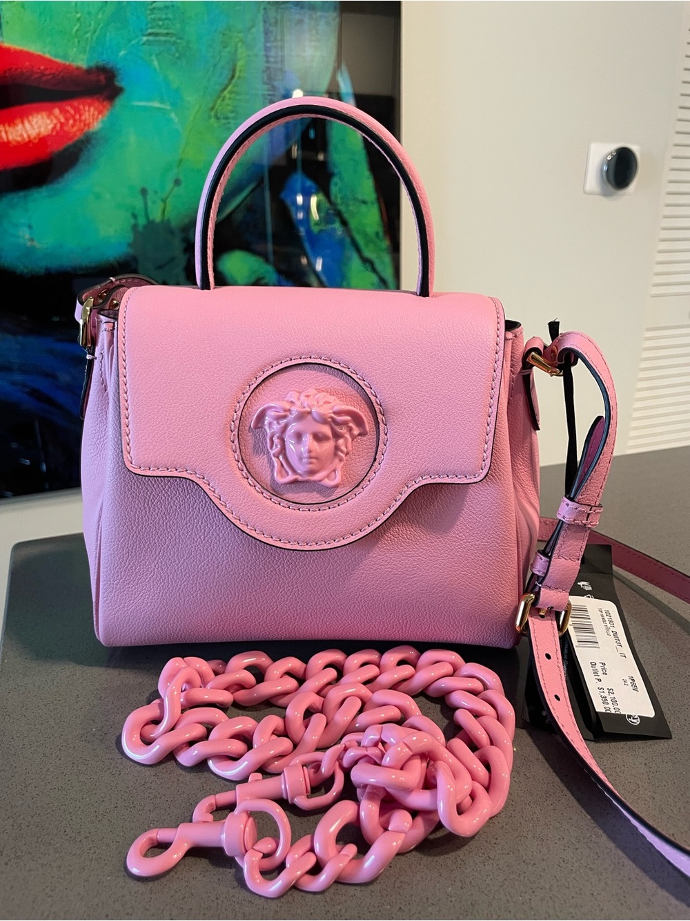 Versace Pink Medusa Top-Handle Shoulder Bag with Pink Chain $2200